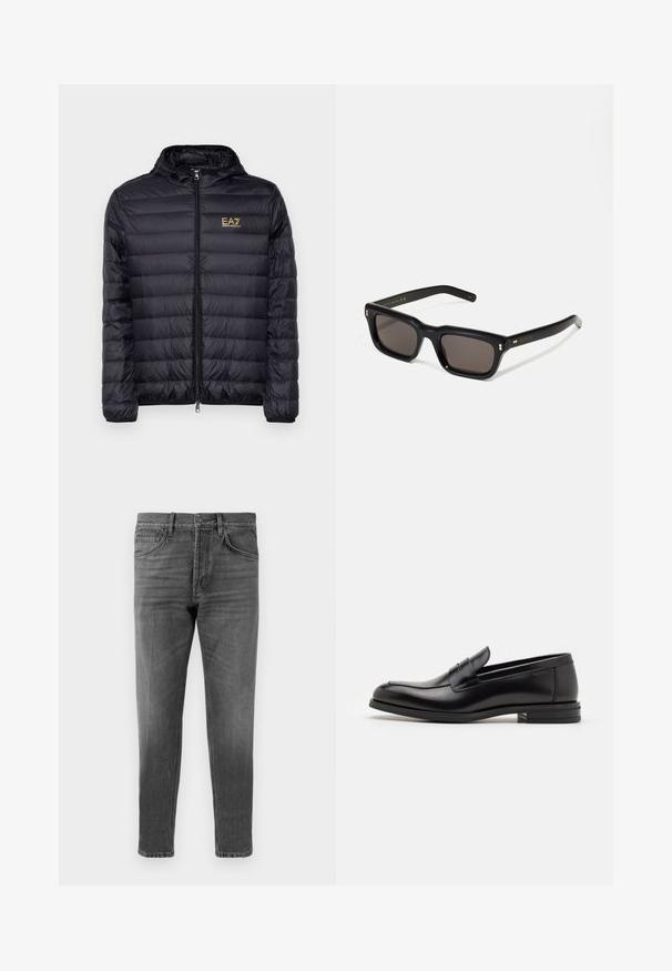 Giubbotto imbottito nero con cappuccio, dotato di zip frontale e design a righe verticali. Logo dorato EA7 sul lato sinistro del petto. Texture liscia.; T-shirt in cotone nero con scollatura rotonda, maniche corte e logo "EMPORIO ARMANI" in bianco sopra "Milano" in una disposizione curva.; Jeans in denim grigio con taglio dritto, caratterizzati da un classico design a cinque tasche e una leggera sbiaditura. Chiusura con bottone e zip in vita.; Mocassini neri in pelle con una texture liscia, punta arrotondata e una striscia decorativa sulla tomaia. Tacco basso impilato, design minimalista.; Occhiali da sole neri rettangolari con lenti scure, montatura spessa in plastica, dettagli dorati sulle tempie e logo del marchio inciso sull'asta.