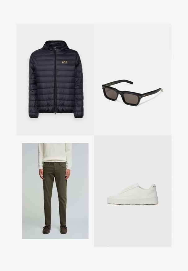 Sort pufferjakke med hætte, med lynlås foran og vertikal quiltet design. Guld EA7-logo på venstre bryst. Glat tekstur.; Sort bomulds T-shirt med rund halsudskæring, korte ærmer og "EMPORIO ARMANI" logo i hvid over "Milano" i et buet design.; Scalpers FIVE POCKETS - Jeans Straight Leg - khaki; Hvide lædersneakers med en glat overflade, rund tå, flade snørebånd og en tekstureret sål. Har et diskret logo på hælen.; Sorte rektangulære solbriller med mørke glas, tyk plastisk ramme, guldtryk på stængerne og brandlogo indgraveret på armen.