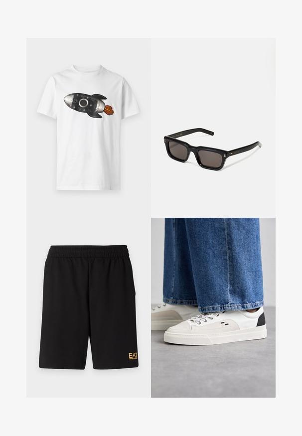 Zwarte gewatteerde jas met capuchon, voorzien van een ritssluiting aan de voorkant en een verticale quilted ontwerp. Gouden EA7-logo op de linkerborst. Zachte textuur.; Witte T-shirt met korte mouwen, met een zwart en zilver raketafbeelding die oranje vlammen uitstraalt, gecentreerd op de voorkant.; Zwarte sportshorts van zacht materiaal, met een elastische tailleband en een klein geel EA7-logo op de onderste linkeronderbroek.; Witte en zwarte sneakers met een glad leren bovenwerk, textuuraccenten en een chunky witte zool. Heeft een klassiek vetersluiting ontwerp.; Zwarte rechthoekige zonnebril met donkere lenzen, een dik plastic montuur, gouden accenten op de veren en het merkembleem gegraveerd op de arm.