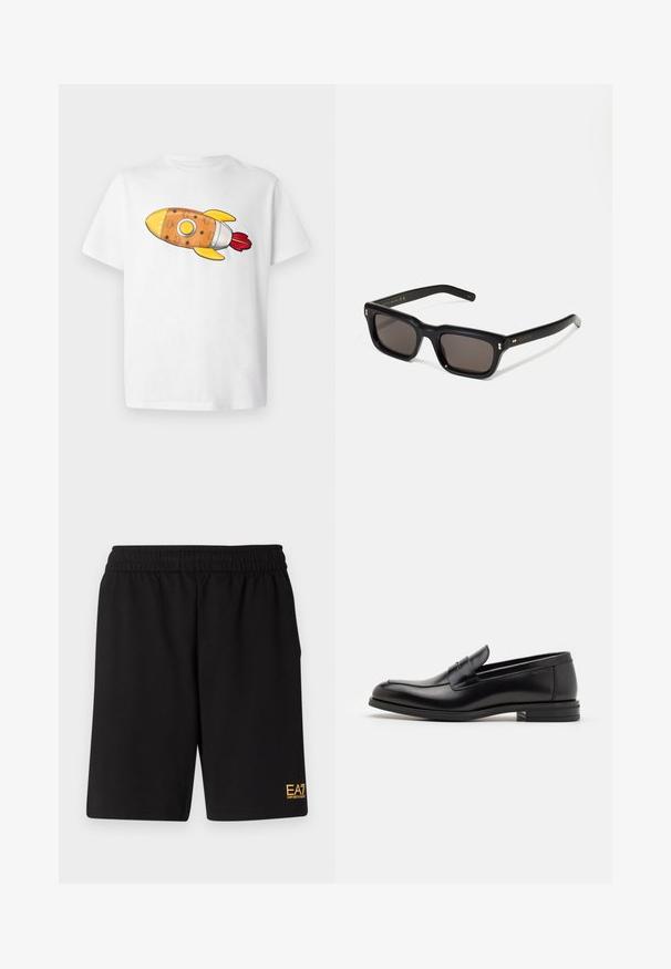 Sort pufferjakke med hætte, med lynlås foran og vertikal quiltet design. Guld EA7-logo på venstre bryst. Glat tekstur.; Hvid T-shirt med et farverigt raketmotiv. Raketten er orange med gule detaljer, sølvfarvede elementer og røde flammer.; Sorte atletiske shorts lavet af blødt stof, med en elastisk talje og et lille gult EA7-logo nederst på venstre ben.; Sorte læderloafers med en glat overflade, rund tå og en dekorativ strop over vampen. Lav hæl med stabeldesign, minimalistisk stil.; Sorte rektangulære solbriller med mørke glas, tyk plastisk ramme, guldtryk på stængerne og brandlogo indgraveret på armen.