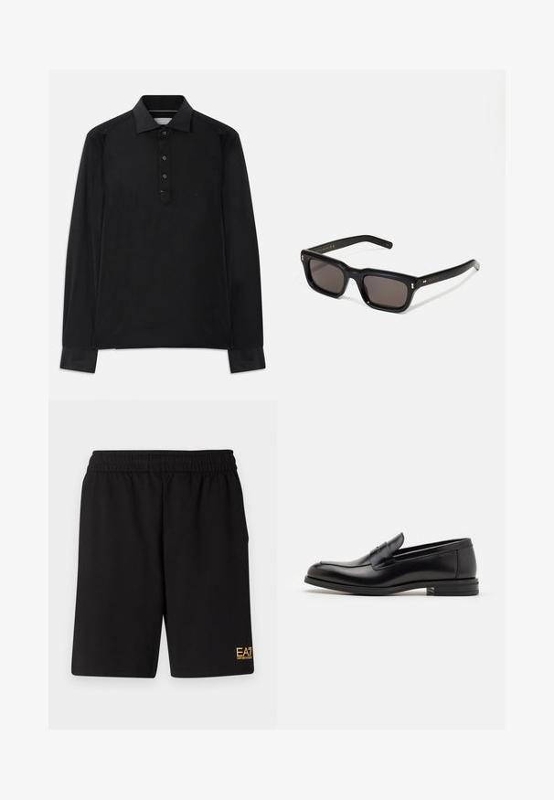 Mustat puhallettavat takki, jossa on huppu, edessä vetoketju ja pystytikattu muotoilu. Kulta EA7 -logo vasemmassa rintataskussa. Suorapintainen rakenne.; Musta pitkähihainen poolopaita, jossa on kolme nappia, terävä kaulus ja hienovarainen "MK"-logo rinnassa.; Mustat urheilushortsit, jotka on valmistettu pehmeästä kankaasta. Kengissä on joustava vyötärönauha ja pieni keltainen EA7-logo vasemmassa alakulmassa.; Mustat nahkakengät, joissa on sileä pinta, pyöreä kärki ja koristeellinen nauha jalkapöydän yli. Matala pinoitu koroke, minimalistinen muotoilu.; Mustat suorakulmaiset aurinkolasit tummilla linsseillä, paksu muovikehys, kultaiset korostukset temppeleissä ja brändin logo kaiverrettuna varteen.