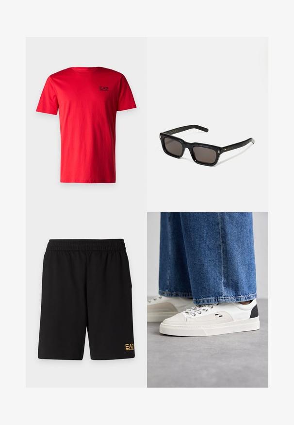 Juodas pūkų striukė su gobtuvu, su užtrauktuku priekyje ir vertikaliai siuvinėtu raštu. Aukso EA7 логотипas kairiajame krūtinės kampe. Lygus paviršius.; EA7 Emporio Armani TRAIN CORE TEE - Paprasti marškinėliai - salsa; Juoda sportinė šortai, pagaminti iš minkštos medžiagos, su elastingu diržu ir maža geltona EA7 logo apatinėje kairėje kojoje.; Balti ir balti sportbačiai su lygaus odos paviršiumi, tekstūruotais akcentais ir masyviu baltu padu. Turi klasiką primenančią raištelių užsegimo sistemą.; Juodos stačiakampės akinių nuo saulės su tamsiais objektyvais, storu plastiko rėmu, auksinėmis detalėmis ant šventyklų ir prekės ženklo logotipu išgraviruotu ant šono.