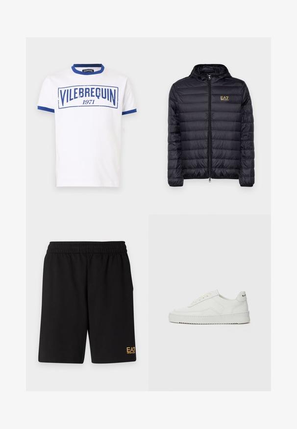 Casaco puffer preto com capuz, apresentando uma fecho de correr na frente e um design acolchoado vertical. Logotipo dourado EA7 no lado esquerdo do peito. Textura suave.; Vilebrequin PORTISOL - T-shirt estampada - marrakech; Calções desportivos pretos feitos de um tecido suave, com um cós elástico e um pequeno logótipo amarelo EA7 na parte inferior da perna esquerda.; Sapatilha de couro branco com acabamento suave, bico redondo, atacadores planos e uma sola texturizada. Apresenta um logotipo discreto no calcanhar.
