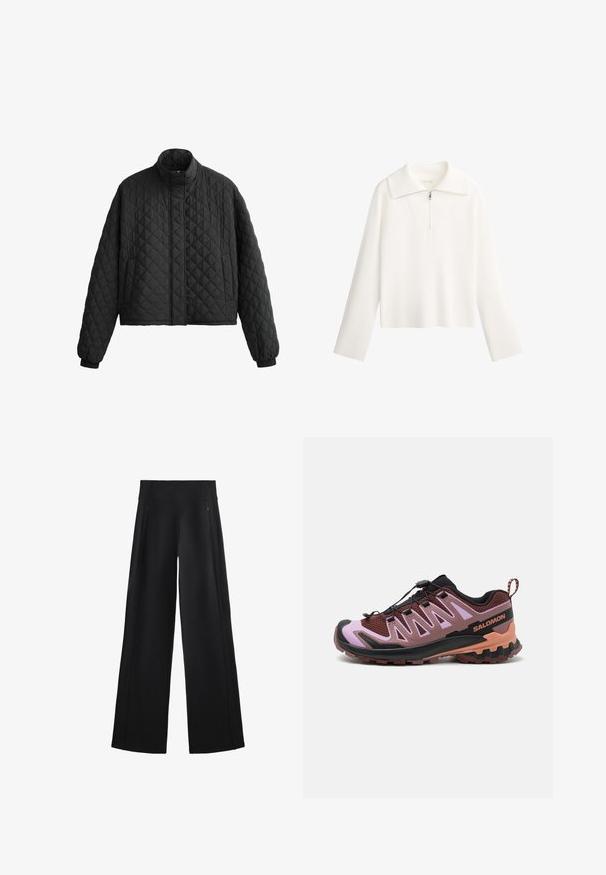 Quilted black jacket with a high collar, cropped design, and elastic cuffs. Features a diamond pattern and smooth texture throughout.; White pullover sweater featuring a large collar, zippered front, and long sleeves. Made from ribbed fabric with a cropped design.; Wide-leg black pants made of a soft fabric, featuring a high waistband and two zippered pockets, with subtle seams along the sides.; Trail running shoe in black, maroon, and pink. Features a mesh upper, integrated lacing system, textured sole, and a stabilizing heel counter.