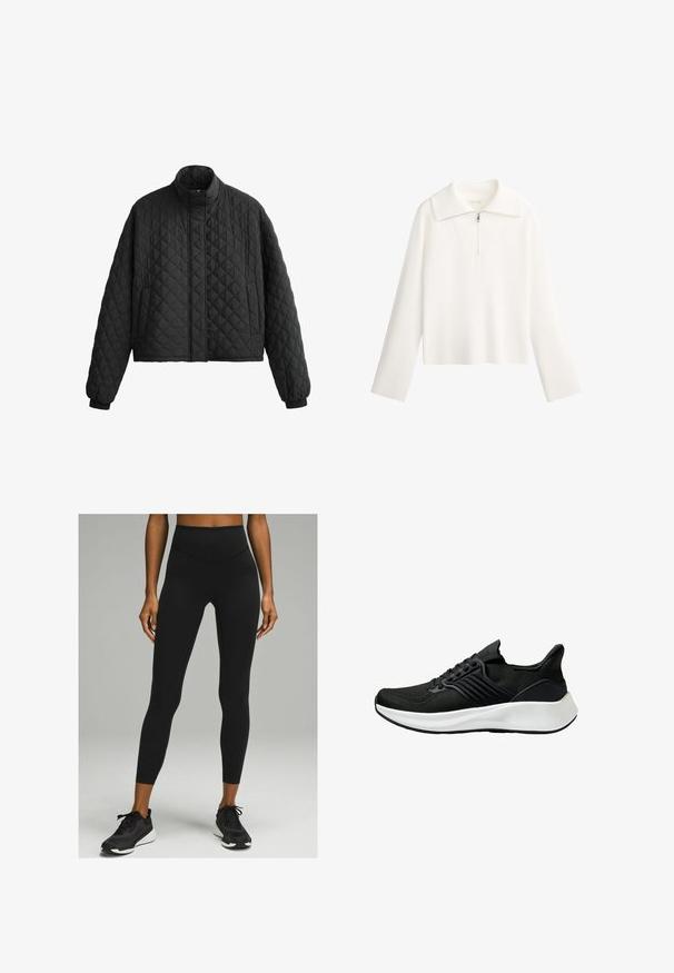 Prešívaná čierna bunda s vysokým golierom, skráteným strihom a elastickými manžetami. Vyznačuje sa diamantovým vzorom a hladkou textúrou.; Biely sveter s veľkým golierom, zipsom vpredu a dlhými rukávmi. Vyrobený z rebrovanej látky s krátkym strihom.; Čierne legíny s vysokým pásom, hladkým povrchom a priliehavým strihom, doplnené čiernymi športovými topánkami s bielou podrážkou.; Čierna športová obuv s textúrovaným vrchným materiálom, viazaním a bielou medzipodrážkou. Vyznačuje sa nízkym profilom a zakriveným dizajnom podrážky.