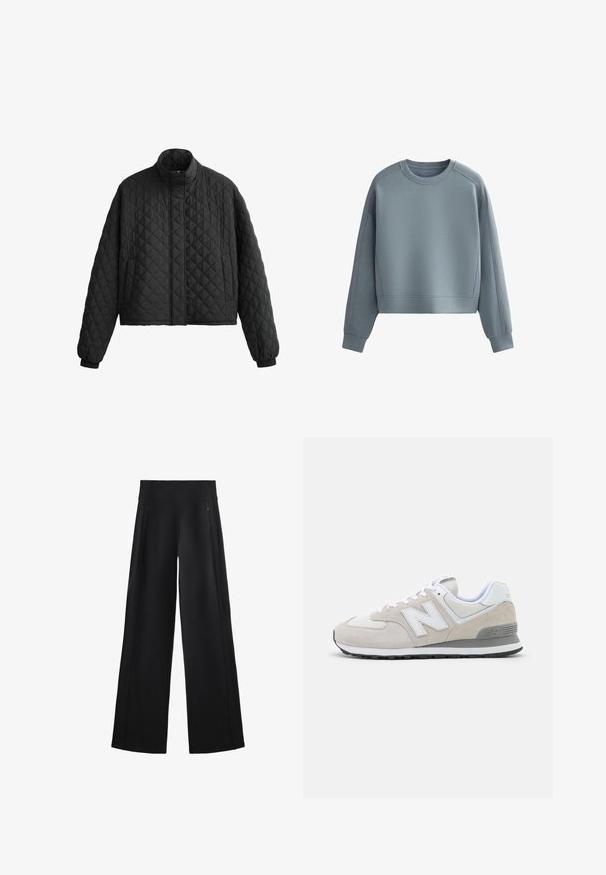 Šivana črna jakna z visokim ovratnikom, skrajšano zasnovo in elastičnimi manšetami. Ima diamanten vzorec in gladko teksturo po celotni površini.; Kratka miksenica iz mehkega, zadušeno modrega blaga. Ima dolge rokave, okroglo ovratnico in rebraste detajle ob ramenih in manšetah.; Široke črne hlače iz mehkega materiala, z visokim pasom in dvema žepoma z zadrgo, z diskretnimi šivi ob straneh.; Svijetlosmeđi tenisici s kombinacijom antilopa i mrežastih materijala. Dizajn uključuje istaknuti bijeli logotip i sive akcentne detalje. Guma potplat.