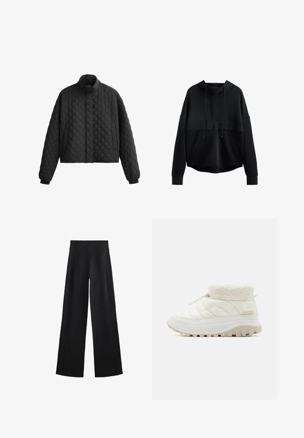 Vuorattu musta takki korkealla kauluksella, lyhyt muotoilu ja elastiset hihansuuyksityiskohdat. Ominaisuuksiin kuuluu timanttikuvio ja sileä pinta koko ajan.; Musta lyhyt huppari, joka on valmistettu pehmeästä materiaalista. Ominaisuuksiin kuuluu korkea kaulus, nyörit, etutasku ja leveät hihat ribbausmanteilla.; Mustat, leveälahkeiset housut, jotka on valmistettu pehmeästä kankaasta. Niissä on korkea vyötärö ja kaksi vetoketjullista taskua, sekä huomaamattomat saumat sivuilla.; Valkoinen tikattu puolivartinen saapas, jossa on tekoturkiskraava, joustava nauhakiristys ja paksu kumipohja, jossa on syvät kuvioinnin optimoimiseksi.