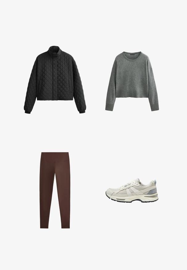 Quiltad svart jacka med hög krage, kort design och elastiska manschetter. Har ett diamantsmönster och en slät yta genom hela plagget.; Grå, kort tröja i mjukt stickat material. Har rund hals och långa ärmar med ribbade manchetter och nederdel. Inga synliga mönster.; Bruna leggings gjorda av ett mjukt, stretchigt material, med hög midja och en figurnära silhuett, utan synliga mönster eller detaljer.; Beige sportskor med texturerad mesh-överdel och släta detaljer. Har en vadderad sula, förstärkt tå och svart gummiyttersula.