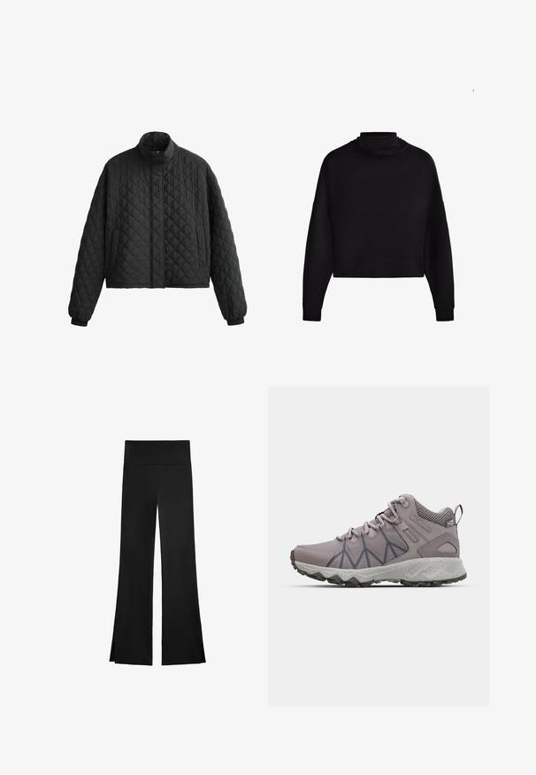 Quilted black jacket with a high collar, cropped design, and elastic cuffs. Features a diamond pattern and smooth texture throughout.; Black long-sleeve cropped sweatshirt with a high collar and ribbed cuffs, displayed on a white background.; Black pants with a wide-leg design, featuring a high waistband and side slits for ease of movement. Made from a smooth, stretchy fabric.; Light purple hiking shoes with mesh and synthetic upper, textured patterns on sides, cushioning midsole, and rugged rubber outsole.