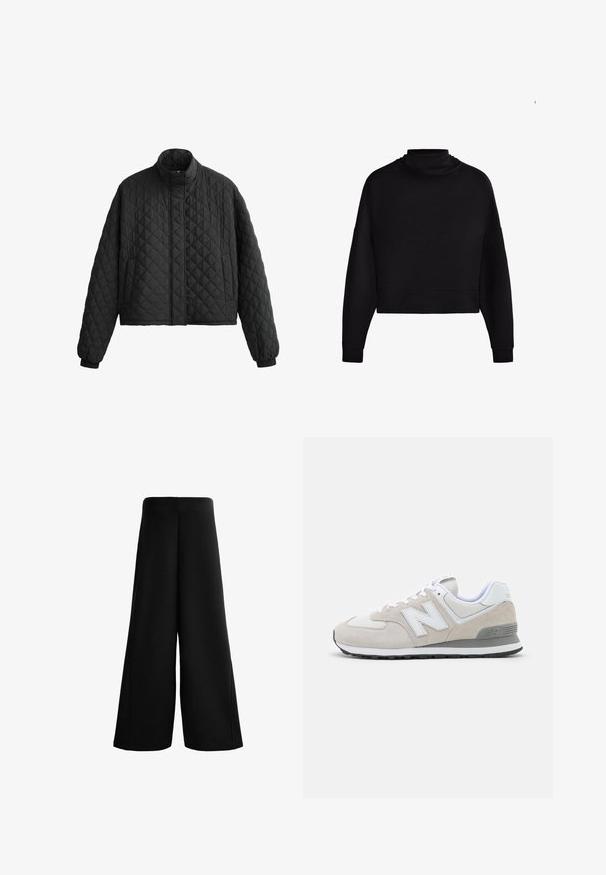 Gepolsterte schwarze Jacke mit hohem Kragen, kurzer Schnitt und elastischen Bündchen. Verfügt über ein Rautenmuster und eine glatte Textur.; Schwarzer langärmeliger, kurz geschnittener Sweatshirt mit hohem Kragen und gerippten Bündchen, auf einem weißen Hintergrund präsentiert.; Schwarze, weit geschnittene Hose aus weichem Stoff. Sie verfügt über eine hohe Taille und eine glatte Textur mit klaren Linien, die eine lockere, entspannte Passform bieten.; Helle beigen Sneakers aus einer Kombination von Wildleder und Mesh-Materialien. Das Design umfasst ein hervorgehobenes weißes Logo und graue Akzente. Gummisohle.