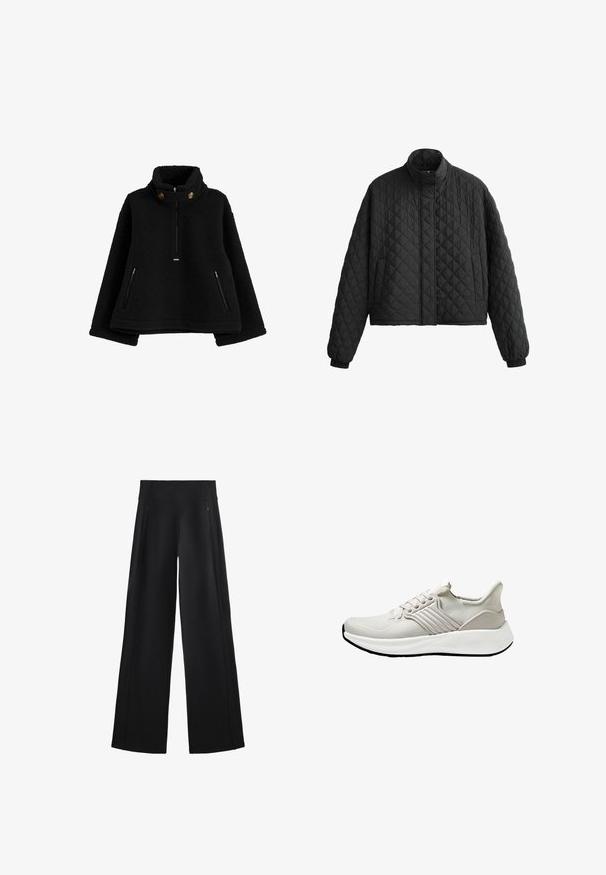 Vuorattu musta takki korkealla kauluksella, lyhyt muotoilu ja elastiset hihansuuyksityiskohdat. Ominaisuuksiin kuuluu timanttikuvio ja sileä pinta koko ajan.; Mustat fleece-pusero, jossa on korkea kaulus, vetoketjullinen etuosa ja kaksi vetoketjullista sivutaskua; kauluksessa on pyöreitä nappeja.; Mustat, leveälahkeiset housut, jotka on valmistettu pehmeästä kankaasta. Niissä on korkea vyötärö ja kaksi vetoketjullista taskua, sekä huomaamattomat saumat sivuilla.; Kevyt urheilukenkä, jossa on beige verkkomateriaali ja teksturoitu pinta. Kenkässä on valkoinen pohja ja samaa sävyä olevat sivuakkentit. Yksinkertainen nauhaketju.