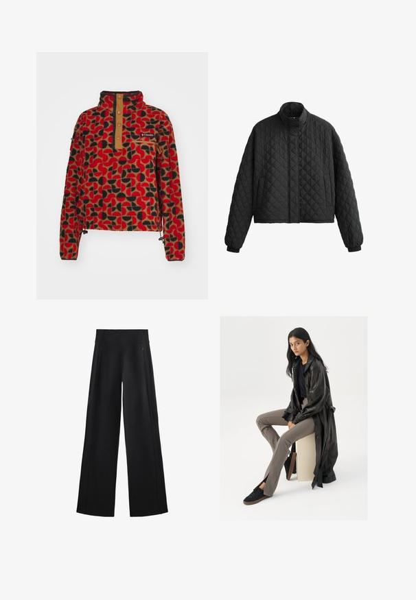 Prošívaná černá bunda s vysokým límcem, zkráceným designem a elastickými manžetami. Má diamantový vzor a hladkou strukturu po celé ploše.; Columbia HELVETIA™ II PRINTED CROPPED HALF SNAP - Fleecová mikina - red; Široké černé kalhoty z měkké tkaniny, s vysokým pasem a dvěma kapsami na zip, s jemnými švy po stranách.; Černý kožený trench coat, fitted černý top, světle hnědé slim kalhoty a černé tenisky. Modelka sedí na kostce s dlouhými rovnými vlasy.