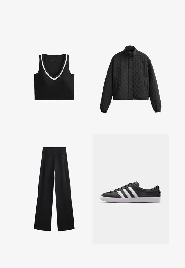 Steppelt fekete dzseki magas gallérral, rövidített fazonnal és elasztikus mandzsettákkal. Gyémántmintával és sima textúrával rendelkezik.; Fekete crop top mély V-nyakkivágással, fehér díszítéssel a nyak vonalán és a karlyukaknál. Simább, rugalmas anyagból készült.; Széles szárú fekete nadrág puha anyagból, magas derékkal és két cipzáras zsebbbél, diszkrét varrással az oldalakon.; Fekete bőr sneaker fehér háromcsíkkal, kerek orral, lapos fehér gumitalppal és márkázott részlettel az oldalon.