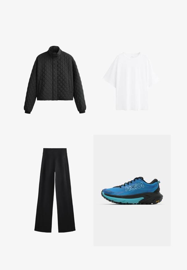 Padded crna jakna s visokim kragnom, skraćenim dizajnom i elastičnim manžetama. Ima dijamantni uzorak i glatku teksturu.; Bijela oversized majica izrađena od pamuka, s kratkim rukavima, okruglim izrezom i glatkom teksturom. Bez uzoraka ili ukrasa.; Široke crne hlače od meke tkanine, sa visokim strukom i dva džepa sa patentnim zatvaračima, uz to imaju suptilne šavove duž bočnih strana.; Plave trkačke tenisice s crnim akcentima, s teksturiranim gornjim dijelom, podstavljenim ovratnikom i debelim crno-tirkiznim međupodplatom s Vibram potplatom.