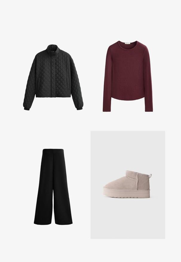 Quilted black jacket with a high collar, cropped design, and elastic cuffs. Features a diamond pattern and smooth texture throughout.; Long-sleeve, fitted ribbed knit top in deep burgundy with a round neckline and subtle seam detailing on front and sides.; Black wide-leg pants made of soft fabric. Features a high waist and a smooth texture with clean lines, offering a loose, relaxed fit.; Low-cut beige suede winter boot with thick sole and back pull tab on plain white background, shown in side profile.