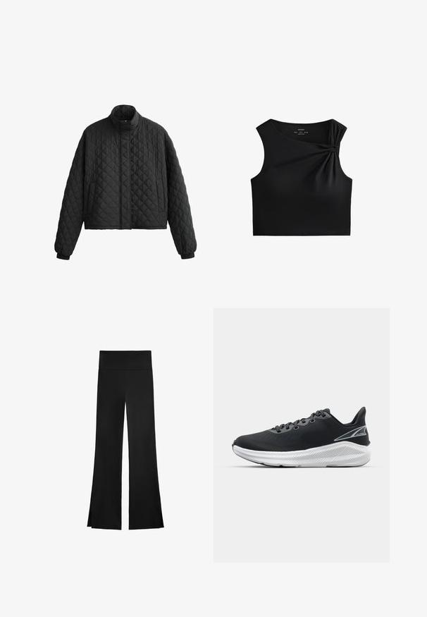 Jachetă neagră matlasată cu guler înalt, design scurt și manșete elastice. Prezintă un model în diamant și o textură netedă pe întreaga suprafață.; Top negru fără mâneci, scurt, cu detalii legate la umăr, confecționat dintr-un material neted și elastic, cu un design care se potrivește perfect.; Pantaloni negri cu un design evazat, având un talie înaltă și slits laterale pentru o mișcare ușoară. Fabricat dintr-un material neted și elastic.; Pantofi sport negri cu un superior texturat, șireturi gri, un mijloc alb și un toc ușor ridicat, având un logo pe lateral.