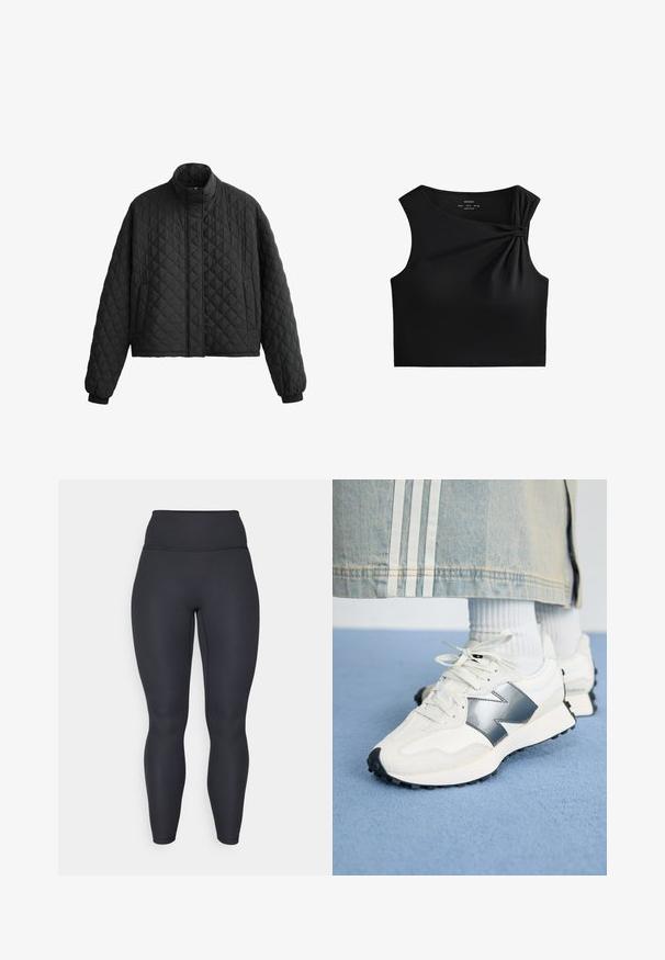 Quiltad svart jacka med hög krage, kort design och elastiska manschetter. Har ett diamantsmönster och en slät yta genom hela plagget.; Svart ärmlös cropped topp med en knuten detalj vid axeln, tillverkad av ett slätt, stretchy tyg med en figurnära design.; Högmidjade svarta ribbade leggings med en figurnära design, slät yta och hel längd. Har en bred midjeresår för stöd.; Vita sportskor i vitt med silverdetaljer, texturerad tyg och slät läder; med en svart gummisula och snörning.