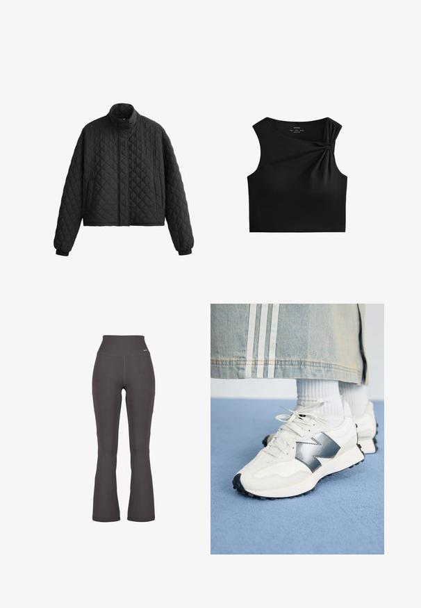 Quilted sort jakke med høj krave, cropped design og elastiske manchetter. Har en diamantmønster og glat tekstur hele vejen igennem.; Sort ærmeløs cropped top med en knudet detalje på skulderen, lavet af et glat, strækbart stof med en tætsiddende design.; Mørkegrå, flared ribbede leggings med høj talje, lavet af strækbart materiale; glat tekstur med subtile syninger.; Hvide sportsko med sølvdetaljer, tekstureret stof og glat læder; med en sort gummisål og snørebånd.