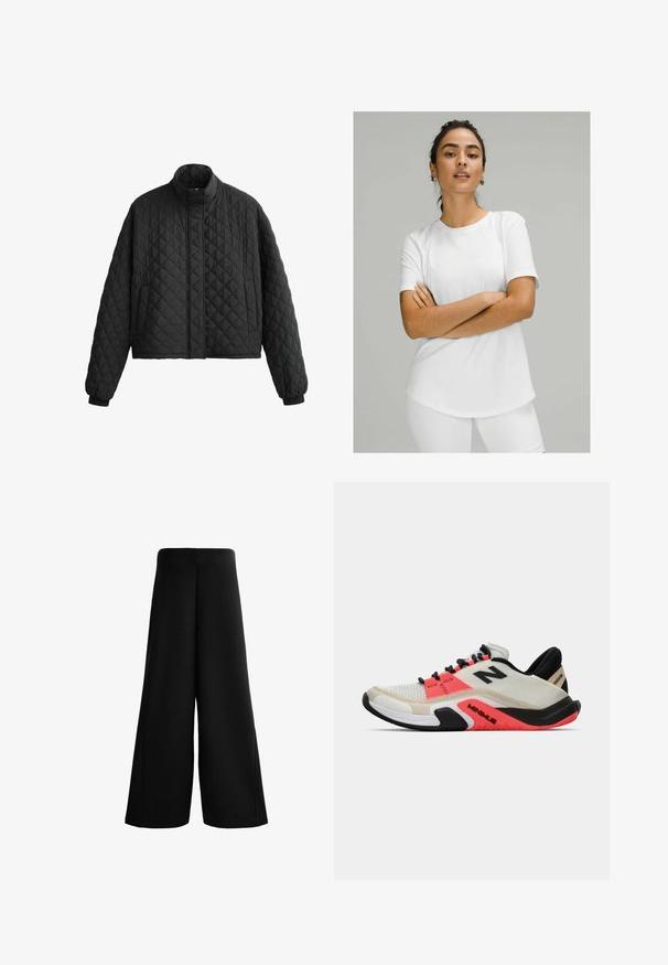 Šivana črna jakna z visokim ovratnikom, skrajšano zasnovo in elastičnimi manšetami. Ima diamanten vzorec in gladko teksturo po celotni površini.; Bela kratka majica s kratkimi rokavi iz gladkega materiala, z okroglo izrezom in zaobljenim robom. Nosijo jo z belimi hlačami.; Črne hlače širokih nog z mehkim materialom. Imajo visok pas in gladko teksturo s čistimi linijami, ki zagotavljajo ohlapen, sproščen kroj.; New Balance MINIMUS TR - Trening copati - sea salt