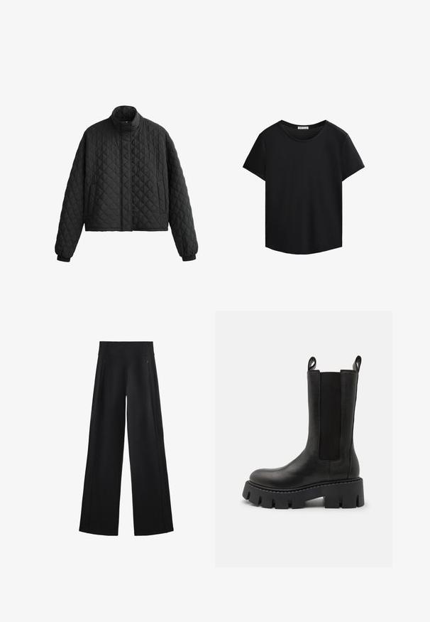 Jachetă neagră matlasată cu guler înalt, design scurt și manșete elastice. Prezintă un model în diamant și o textură netedă pe întreaga suprafață.; Tricou negru cu mâneci scurte, guler rotund și detalii din plasă perforată pe umeri. Țesătură netedă, croială relaxată, hem curbat.; Pantaloni negri cu picioare largi, dintr-o țesătură moale, având un talie înaltă și două buzunare cu fermoar, cu cusături subtile pe lateral.; Botine negre din piele cu panouri laterale elastice, bucle pentru tragere, talpă groasă cu profil adânc și detalii de cusătură întărită. Suprafața are o textură netedă.