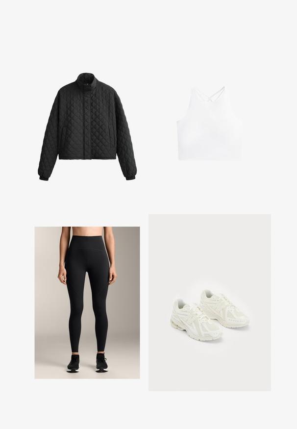 Czarna puchowa kurtka z wysokim kołnierzem, krótkim krojem i elastycznymi mankietami. Charakteryzuje się diamentowym wzorem i gładką teksturą na całej powierzchni.; Biała sportowa bluzka cropped z wysokim dekoltem i podwójnymi krzyżującymi się ramiączkami z tyłu, wykonana z gładkiego, elastycznego materiału.; Czarne legginsy o wysokim stanie, wykonane z elastycznego materiału, charakteryzujące się gładką teksturą, szczegółami szwów oraz dopasowanym krojem.; Białe buty sportowe wykonane z siateczki i materiałów syntetycznych, z wiązanym fasonem, wyściełanym kołnierzem i strukturalną podeszwą dla lepszej przyczepności. Lekka konstrukcja.