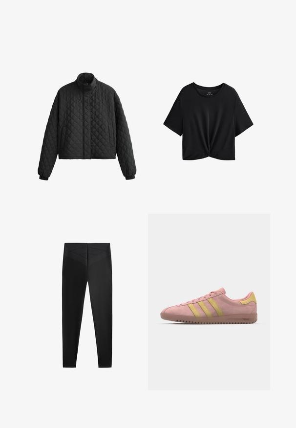 Quilted black jacket with a high collar, cropped design, and elastic cuffs. Features a diamond pattern and smooth texture throughout.; Black cropped t-shirt made of soft fabric, featuring a round neckline, short sleeves, and a knotted front detail at the hem.; Black athletic leggings with a smooth texture, featuring a wide waistband and diagonal texture pattern near the waist for added design detail.; Pink suede sneaker with three yellow stripes, rounded toe, and textured rubber sole. Low profile design with a cushioned collar.