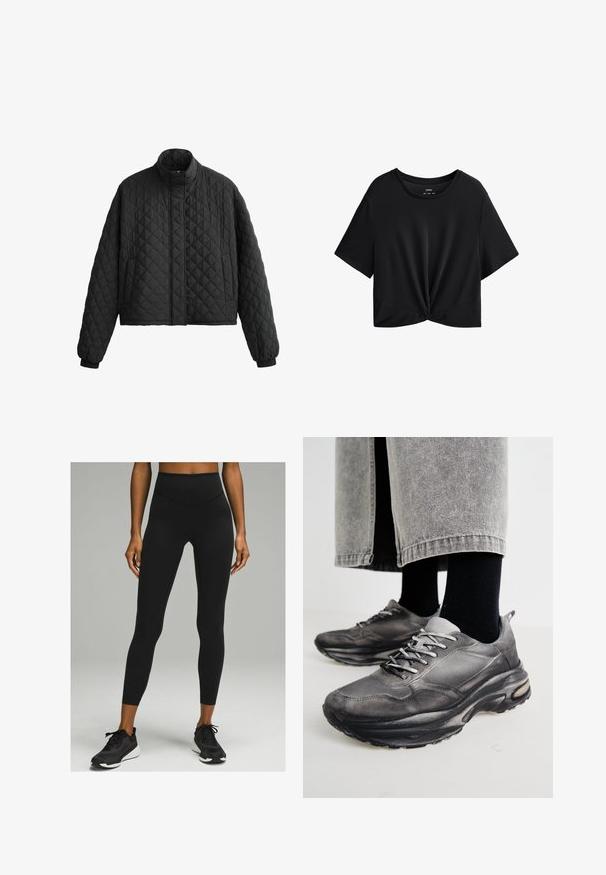 Gepolsterte schwarze Jacke mit hohem Kragen, kurzer Schnitt und elastischen Bündchen. Verfügt über ein Rautenmuster und eine glatte Textur.; Schwarzes, kurz geschnittenes T-Shirt aus weichem Stoff, mit rundem Halsausschnitt, kurzen Ärmeln und einem geknoteten Frontdetail am Saum.; Schwarze hochtaillierte Leggings mit glatter Textur und figurbetontem Design, kombiniert mit schwarzen Sportschuhen mit weißer Sohle.; Schwarze und graue Sportschuhe verfügen über ein Obermaterial aus Mesh, dicke Sohlen und Schnürsenkel. Sie haben eine abgerundete Zehenpartie und sichtbare Dämpfungsdetails.