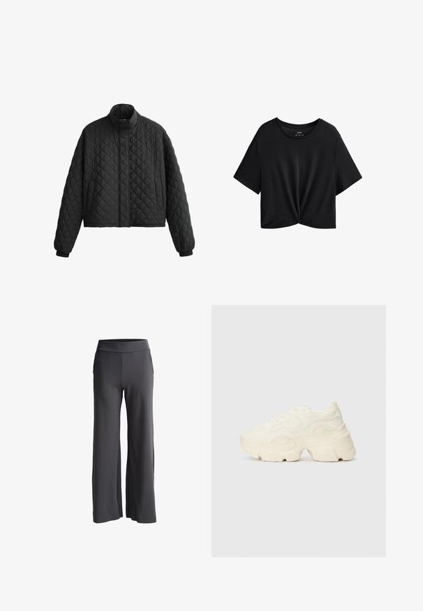 Quilted sort jakke med høj krave, cropped design og elastiske manchetter. Har en diamantmønster og glat tekstur hele vejen igennem.; Sort cropped t-shirt lavet af blødt stof, med en rund halsudskæring, korte ærmer og en knyttet detalje for neden.; Vidde bukser i mørkegrå stof med en blød tekstur. Har en høj elastisk talje og sidelommer for ekstra funktionalitet.; Chunky hvide sneakers lavet af tekstureret mesh og syntetiske materialer, med en tyk sål og intrikate mønsterdetaljer langs siderne.