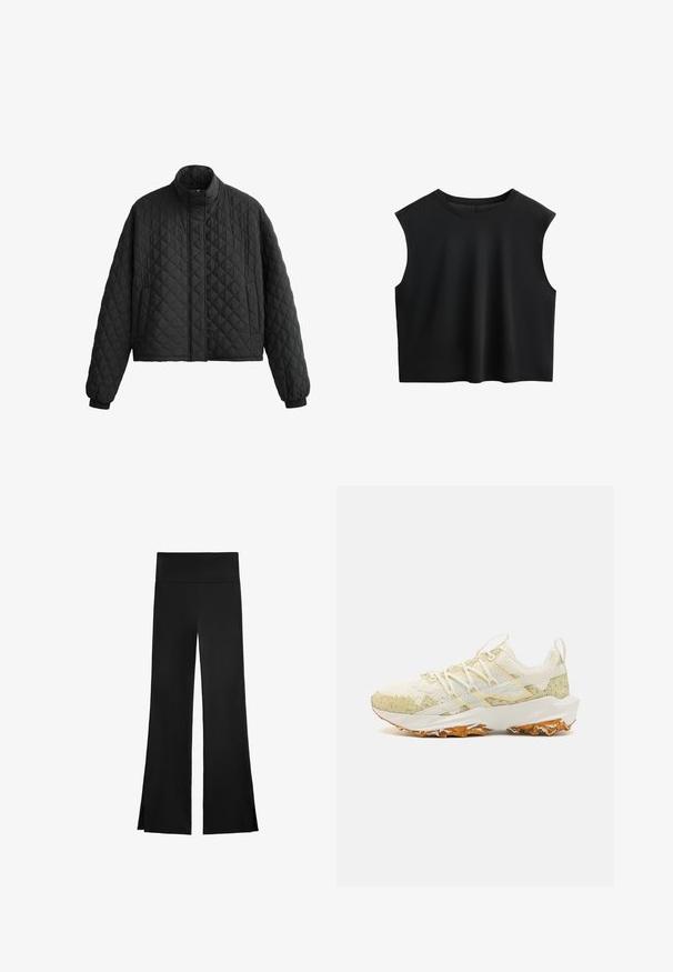 Steppelt fekete dzseki magas gallérral, rövidített fazonnal és elasztikus mandzsettákkal. Gyémántmintával és sima textúrával rendelkezik.; Fekete, rövid fazonú, ujjatlan top, amely puha, rugalmas anyagból készült, kerek nyakkivágással és sima textúrával. Egyszerű dizájn, nincs látható záródás vagy minta.; Fekete nadrág, széles szárakkal, magas derékkal és oldalsó hasítékokkal a könnyű mozgás érdekében. Simító, rugalmas anyagból készült.; Világos krém színű sportcipő zöld pöttyös részletekkel. Felső része hálós anyagból készült, textúrált gumitalppal és lapos fűzőkkel rendelkezik.