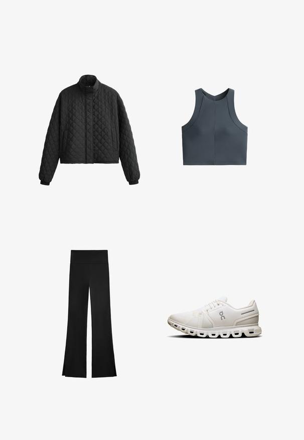 Gequilted zwarte jas met een hoge kraag, cropped ontwerp en elastische manchetten. Heeft een ruitpatroon en een gladde textuur overal.; Grijze cropped top met een geribbelde textuur, mouwloos ontwerp en ronde halslijn, met naadaccenten voor een gestructureerde pasvorm.; Zwarte broek met een wijd beenontwerp, voorzien van een hoge tailleband en zijsplitten voor gemakkelijke beweging. Gemaakt van een gladde, rekbare stof.; Witte sportieve schoen met een mesh bovenkant, platte veters en een kenmerkende zool met gesegmenteerde demping en subtiele grijze accenten.