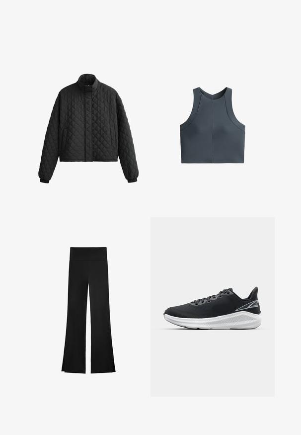 Šivana črna jakna z visokim ovratnikom, skrajšano zasnovo in elastičnimi manšetami. Ima diamanten vzorec in gladko teksturo po celotni površini.; Sivina skrajšana majica z ribasto teksturo, brez rokavov in okroglim izrezom, z dodatki šivov za strukturirano prileganje.; Črne hlače širokega kroja, z visokim pasom in stranskimi režami za lažje gibanje. Narejene iz gladkega, elastičnega materiala.; Črne športne čevlje z teksturirano zgornjim delom, sivo vezalko, belo srednjo podplatom in rahlo dvignjenim petnim delom, z logotipom na strani.