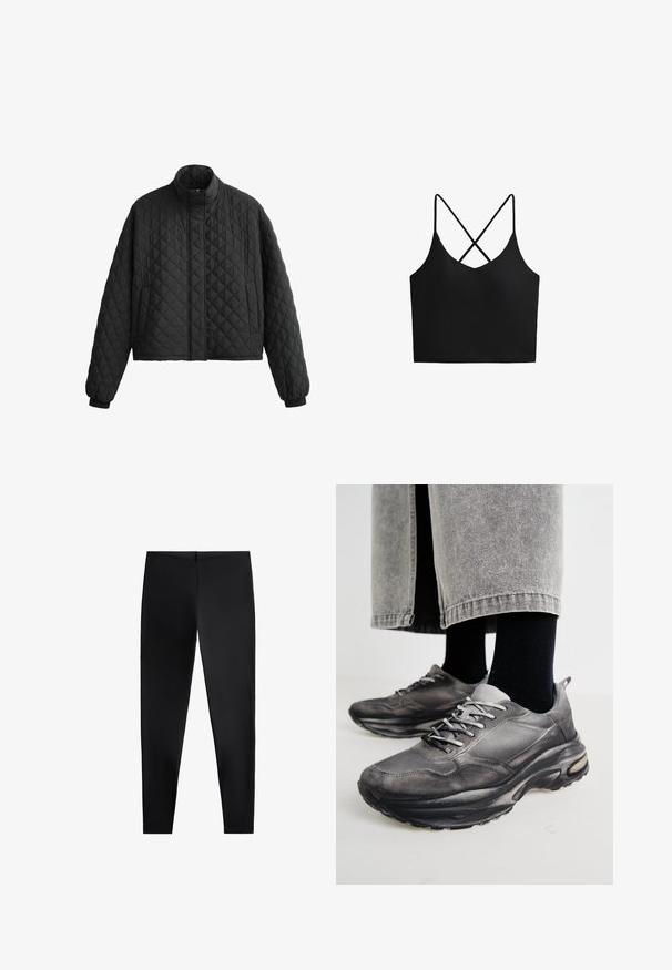 Šivana črna jakna z visokim ovratnikom, skrajšano zasnovo in elastičnimi manšetami. Ima diamanten vzorec in gladko teksturo po celotni površini.; Črn crop top z V-izrezom in hrbtnimi križnimi naramnicami. Gladko blago z oprijetim dizajnom, brez vidnih vzorcev ali kovinskih detajlov.; Črne legice iz raztegljive tkanine, z jasnim dizajnom in prilagojeno silhueto z visokim pasom ter brezšivno konstrukcijo.; Črne in sive športne čevlje imajo mrežast zgornji del, debele podplate in vezalke. Imajo zaobljen nos in opazne podrobnosti oblazinjenja.