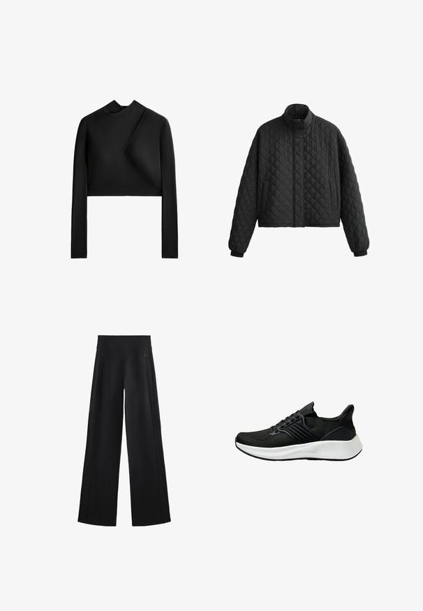 Vuorattu musta takki korkealla kauluksella, lyhyt muotoilu ja elastiset hihansuuyksityiskohdat. Ominaisuuksiin kuuluu timanttikuvio ja sileä pinta koko ajan.; Musta pitkähihainen cropped-toppi, jossa on korkeampi kaulus ja epäsymmetrinen muotoilu. Sujuva, matta pintakuvio minimalistisilla ompeluyksityiskohdilla.; Mustat, leveälahkeiset housut, jotka on valmistettu pehmeästä kankaasta. Niissä on korkea vyötärö ja kaksi vetoketjullista taskua, sekä huomaamattomat saumat sivuilla.; Mustat urheilukengät, joissa on karhea kangaspinta, nauhakiinnitys ja valkoinen välipohja. Ominaisuuksia ovat matala profiili ja kaareva pohjamuotoilu.
