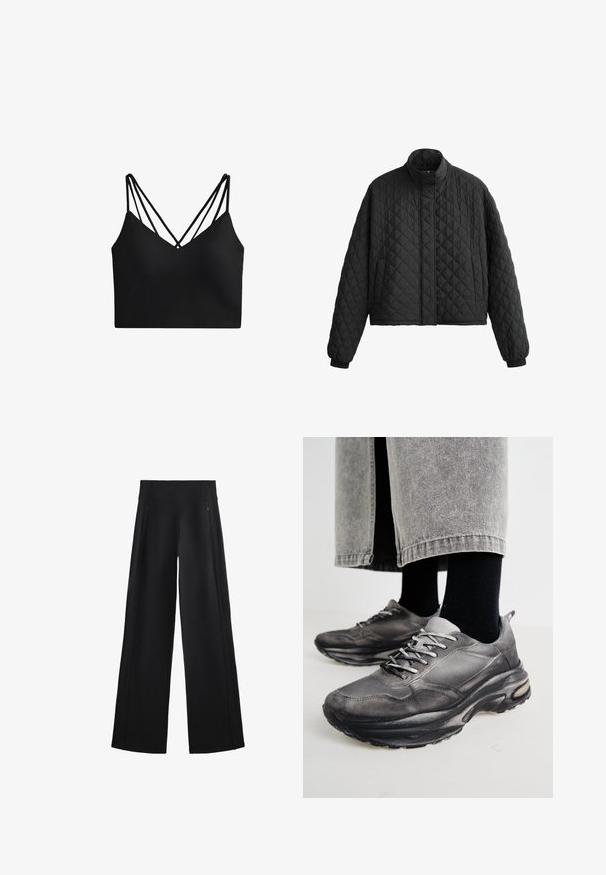 Šivana črna jakna z visokim ovratnikom, skrajšano zasnovo in elastičnimi manšetami. Ima diamanten vzorec in gladko teksturo po celotni površini.; Črn skrajšan bralet z globokim V-izrezom, ki ima dva para tankih naramnic, ki ustvarjata križni vzorec na hrbtu. Gladek tekstil.; Široke črne hlače iz mehkega materiala, z visokim pasom in dvema žepoma z zadrgo, z diskretnimi šivi ob straneh.; Črne in sive športne čevlje imajo mrežast zgornji del, debele podplate in vezalke. Imajo zaobljen nos in opazne podrobnosti oblazinjenja.