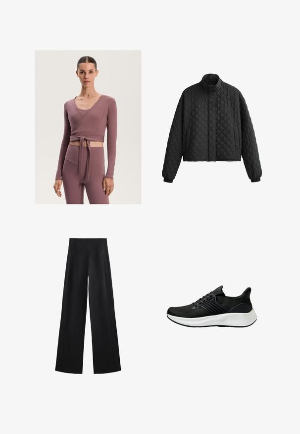 Prošívaná černá bunda s vysokým límcem, zkráceným designem a elastickými manžetami. Má diamantový vzor a hladkou strukturu po celé ploše.; Rippený top ve stylu zavinovacího topu v jemné mauve, s dlouhými rukávy a nastavitelným vázáním v pase, doplněný o legíny s vysokým pasem ve stejném odstínu.; Široké černé kalhoty z měkké tkaniny, s vysokým pasem a dvěma kapsami na zip, s jemnými švy po stranách.; Černá sportovní obuv s texturovaným svrchním materiálem, šněrovacím systémem a bílou mezipodrážkou. Má nízký profil a zakřivený design podešve.