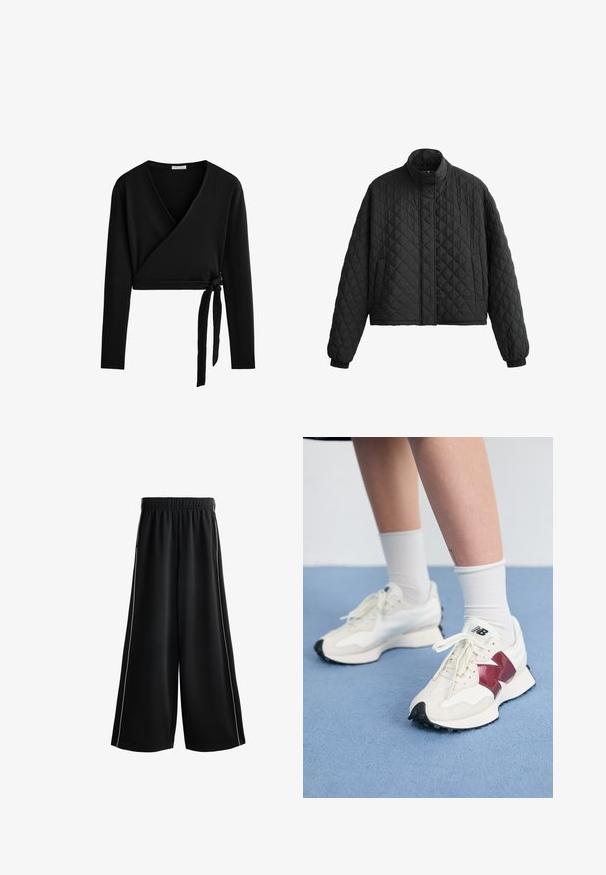 Gepolsterte schwarze Jacke mit hohem Kragen, kurzer Schnitt und elastischen Bündchen. Verfügt über ein Rautenmuster und eine glatte Textur.; Schwarzes Langarm-Wickeloberteil aus geripptem Stoff, mit tiefem V-Ausschnitt und seitlicher Bindung für eine verstellbare Passform.; Schwarze weite Hosen mit elastischem Bund, ausgestattet mit weißen Seitenstreifen und einem glatten, leichten Stoff. Ideal für legere Anlässe.; Ein Paar weiße Sneakers mit kastanienbraunen Akzenten, strukturierten Paneelen, flacher schwarzer Außensohle und hellen Schnürsenkeln, getragen mit weißen Knöchelsocken.