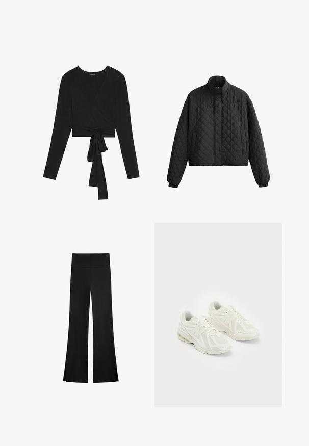 Czarna puchowa kurtka z wysokim kołnierzem, krótkim krojem i elastycznymi mankietami. Charakteryzuje się diamentowym wzorem i gładką teksturą na całej powierzchni.; Even&Odd - Bluzka z długim rękawem; Czarne spodnie o szerokim kroju, z wysokim stanem i bocznymi rozcięciami dla łatwości ruchu. Wykonane z gładkiego, elastycznego materiału.; Białe buty sportowe wykonane z siateczki i materiałów syntetycznych, z wiązanym fasonem, wyściełanym kołnierzem i strukturalną podeszwą dla lepszej przyczepności. Lekka konstrukcja.