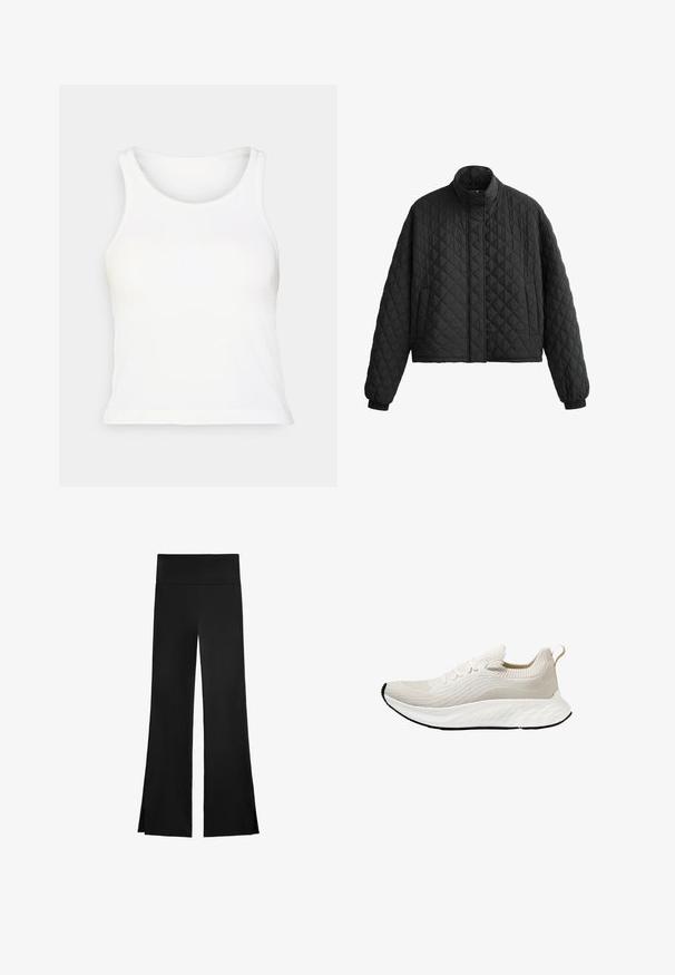 Czarna puchowa kurtka z wysokim kołnierzem, krótkim krojem i elastycznymi mankietami. Charakteryzuje się diamentowym wzorem i gładką teksturą na całej powierzchni.; Biała, prążkowana koszulka na ramiączkach z okrągłym dekoltem i bez rękawów. Miękka tekstura, dopasowany kształt i prosty dół. Bez wzorów ani akcentów.; Czarne spodnie o szerokim kroju, z wysokim stanem i bocznymi rozcięciami dla łatwości ruchu. Wykonane z gładkiego, elastycznego materiału.; Białe buty sportowe z chmurkowym wykończeniem, posiadające teksturowaną cholewkę z dzianiny i elastyczną podeszwę, z ozdobnymi sznurówkami i pętelką z tyłu.