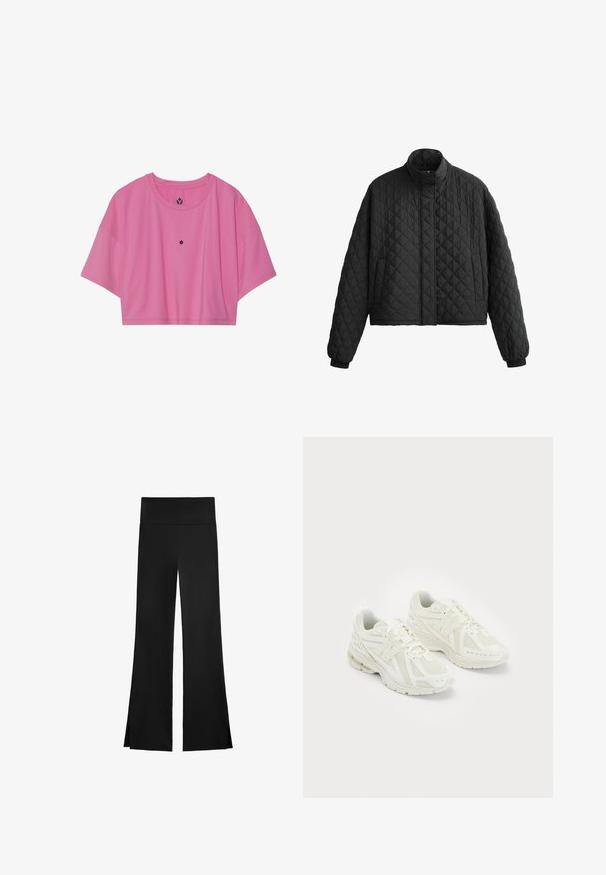Prešívaná čierna bunda s vysokým golierom, skráteným strihom a elastickými manžetami. Vyznačuje sa diamantovým vzorom a hladkou textúrou.; Sk shortened ružové športové tričko, vyrobené z hladkej látky, s krátkymi rukávmi a okrúhlym výstrihom. Malé logo vystredené na hrudi.; Čierne nohavice so širokým strihom, s vysokým pásom a bočnými rozparkami pre ľahký pohyb. Vyrobené z hladkého, elastického materiálu.; Biele športové topánky vyrobené z mäkkej sieťoviny a syntetických materiálov, dizajn na šnurovanie, polstrovaný golier a textúrová podrážka pre lepšiu trakciu. Ľahká konštrukcia.