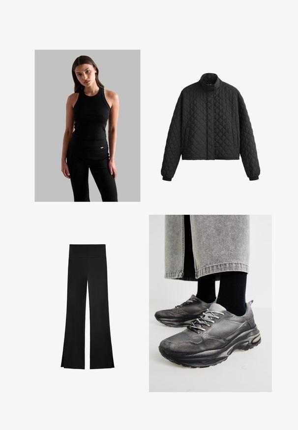 Padded crna jakna s visokim kragnom, skraćenim dizajnom i elastičnim manžetama. Ima dijamantni uzorak i glatku teksturu.; Crna rebrasta majica bez rukava s okruglim izrezom, prilagođenog kroja i tankim naramenicama, u kombinaciji s crnim hlačama visokog struka koje imaju mali logo detalj.; Crne hlače širokog kroja, s visokim strukom i bočnim prorezima za lakše kretanje. Izrađene su od glatkog, rastezljivog materijala.; Crne i sivo sportske cipele imaju mrežastu gornjište, debele potplate i vezice. Imaju zaobljen vrh i vidljive detalje s jastučićima.