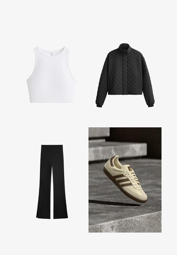 Czarna puchowa kurtka z wysokim kołnierzem, krótkim krojem i elastycznymi mankietami. Charakteryzuje się diamentowym wzorem i gładką teksturą na całej powierzchni.; Biały prążkowany top crop z okrągłym dekoltem i bezrękawowym fasonem. Posiada teksturowany materiał, który dodaje szczegółów i elastyczności.; Czarne spodnie o szerokim kroju, z wysokim stanem i bocznymi rozcięciami dla łatwości ruchu. Wykonane z gładkiego, elastycznego materiału.; Kremowy tenisówka z brązowymi akcentami, teksturowanymi bocznymi paskami i gładkim wykończeniem ze skóry. Posiada sznurowanie i gumową podeszwę.