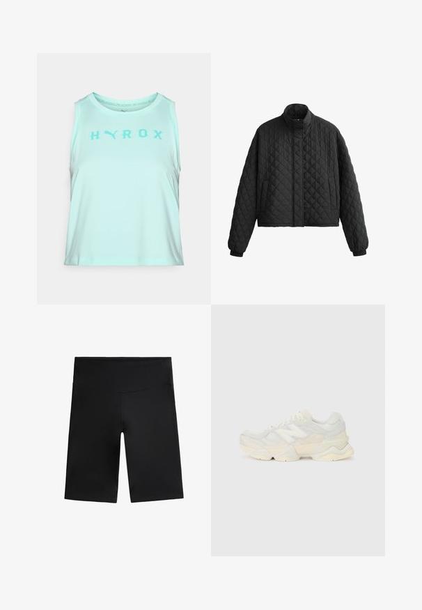 Gequilted zwarte jas met een hoge kraag, cropped ontwerp en elastische manchetten. Heeft een ruitpatroon en een gladde textuur overal.; Licht turquoise tanktop gemaakt van zachte stof, met een ronde halslijn en ruime armsgaten, waarop het woord "HYROX" in donkerder turquoise is gedrukt.; Zwarte fietsbroeken van rekbaar materiaal. Heeft een hoge taille, een gladde textuur en een knielange ontwerpen zonder zichtbare naden of patronen.; Lichte sneaker met een bovenwerk van mesh en suede in zachte crèmekleuren, met een chunky zool en driedimensionale accenten.