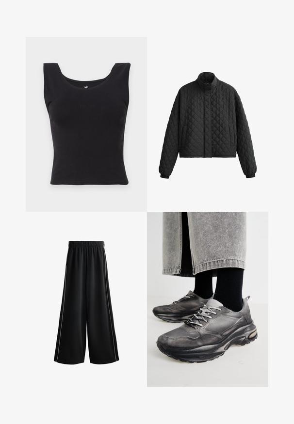 Quilted sort jakke med høj krave, cropped design og elastiske manchetter. Har en diamantmønster og glat tekstur hele vejen igennem.; Sort ærmeløs tanktop lavet af bomuld, med en scoop halsudskæring og en tætsiddende pasform. Diskret præget 'Volcom' logo på forsiden.; Sorte brede bukser med elastisk talje, som har hvide sidebånd og en glat, letvægtsstof. Ideel til afslappet brug.; Sorte og grå atletiske sko har en mesh-overdel, tykke såler og snørebånd. De har en afrundet tå og synligt dæmpningsdetalje.