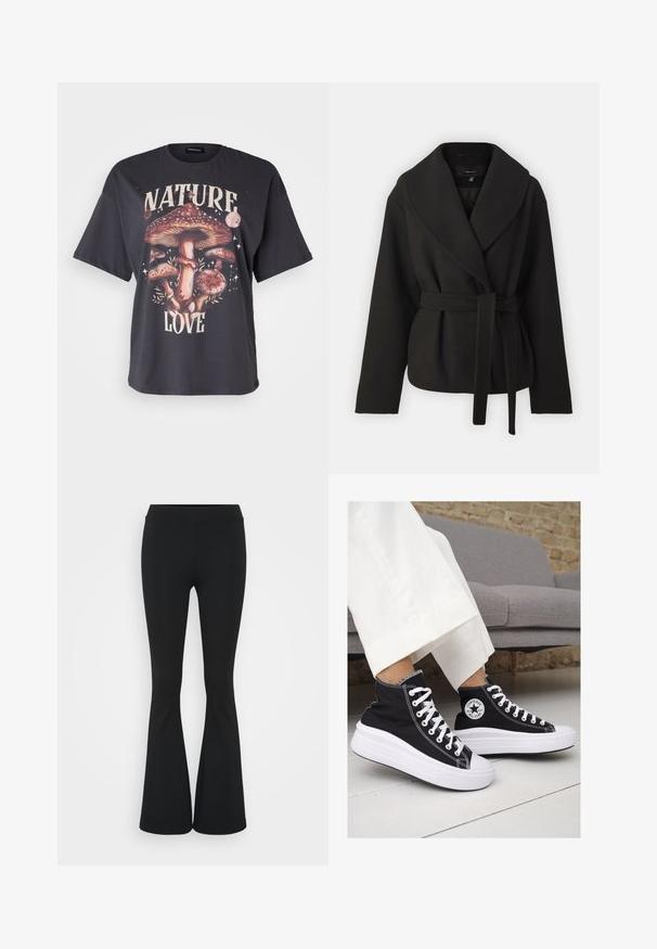Vero Moda Tall VMANNE BERGEN JACKET - Overgangsjakke - black; Sort bomulds T-shirt med et farverigt svampegrafik og teksten "NATURE LOVE", korte ærmer og afslappet pasform.; Sorte flagrende bukser lavet af strækbart stof, med en høj talje og en glat tekstur. Bukserne flared fra knæet.; Sorte høj-top sneakers i lærred med hvide gummisåler og snørebånd. Har et rundt logo på siden og kontrasterende hvide syninger.