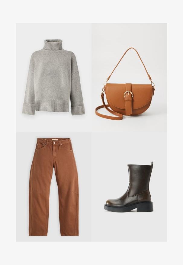 Oliven grønn kordfløyels skjortejakke med klassisk krage, frontlukking med knapper, to brystlommer og metallknapper. Strukturert stoff.; Grå turtleneck genser laget av mykt strikket materiale med ribbede mansjetter og hem. Den har en avslappet passform og en strukturert halsutskjæring.; Rostbrune rett-skaftede jeans med front- og baklommer, metallnitter, knappeåpning og beltehemper, lagt flatt på en hvit bakgrunn.; Mørkebrun skinnstøvlett til midt på leggen med rund tå, tykk svart såle, lav blokkhel og trekkflik bak.; Brun lærcrossbody-veske med en buet form, gullhardware og et spenneakcent. Har en avtakbar skulderreim.