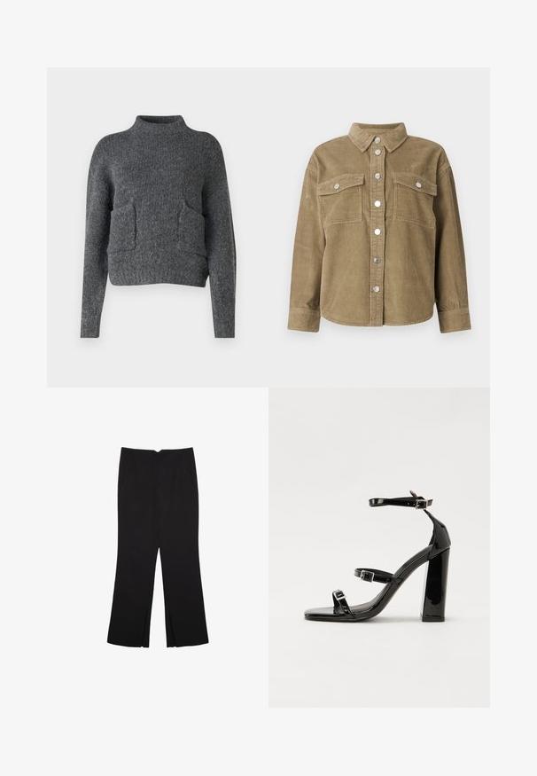 Olivově zelená manšestrová košová bunda s klasickým límcem, předním zapínáním na knoflíky, dvěma náprsními kapsami a kovovými knoflíky. Texturovaná látka.; Šedý zkrácený svetr vyrobený z texturované látky. Obsahuje vysoký výstřih a dvě přední kapsy s volným střihem. Dlouhé rukávy.; Černé kalhoty s rovným střihem, s předními kapsami a bočními rozparky na lemu. Vyrobené z jemné, hladké tkaniny. Vhodné na různé příležitosti.; Černé lakované sandály na podpatku se čtveratou špičkou, lýtkovými pásky a stříbrnými přezkami. Disponují masivním blokovým podpatkem pro stabilitu.
