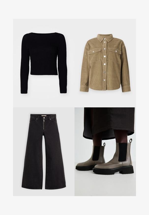 Olíva zöld kordbársony ingdzseki klasszikus gallérral, elől gombos záródással, két mellzsebbel és fémből készült gombokkal. Texturált anyag.; Fekete, hosszú ujjú, kötött pulóver bordás textúrával és széles nyakkivágással; körben levágott hosszúság, a hajtókán pedig diszkrét varrási részletek találhatók.; Fekete denim széles szárú farmer, cipzáros elejével, öt zsebes kialakítással és diszkrét varrással. Sima textúra és laza stílus.; Szürke bokacsizmák texturált bőrből, elasztikus oldalpanellel és vastag fekete talppal. Könnyű felvételt biztosító húzófülek találhatók rajtuk.