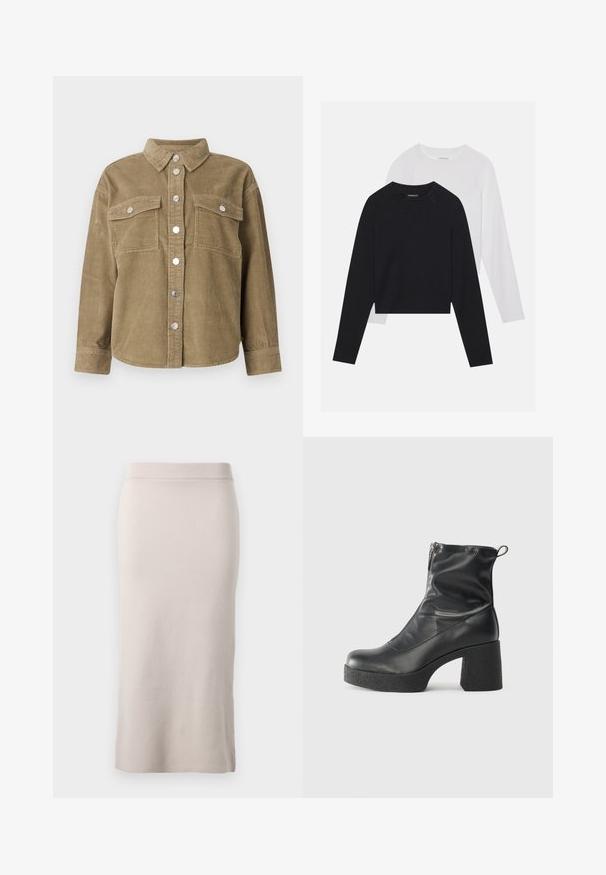 Oliven grønn kordfløyels skjortejakke med klassisk krage, frontlukking med knapper, to brystlommer og metallknapper. Strukturert stoff.; To lange ermerte skjorter: en svart og en hvit. Begge har rund hals, raglanermer og er laget av en myk bomullsblanding.; Strikket blyantskjørt i en lys beige farge, med ribbestrikket midjebånd, slank passform og sidesplit for bedre bevegelsesfrihet. Myk tekstur, minimalistisk design.; Svarte ankelstøvler laget av glatt lær, med glidelås på siden, chunky strukturert hæl, og rund tå-design.
