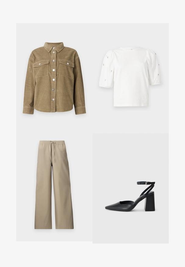 Olive green corduroy shirt jacket with a classic collar, front button closure, two chest pockets, and metallic buttons. Textured fabric.; White cotton t-shirt with short puff sleeves, featuring small silver embellishments along the sleeves. Classic round neckline, relaxed fit.; Beige wide-leg trousers with an elastic waistband and drawstring, featuring a smooth fabric texture and side pockets.; Black leather pointy-toe pump with an ankle strap and a chunky heel. Flat texture, sleek design, and minimalistic aesthetics.