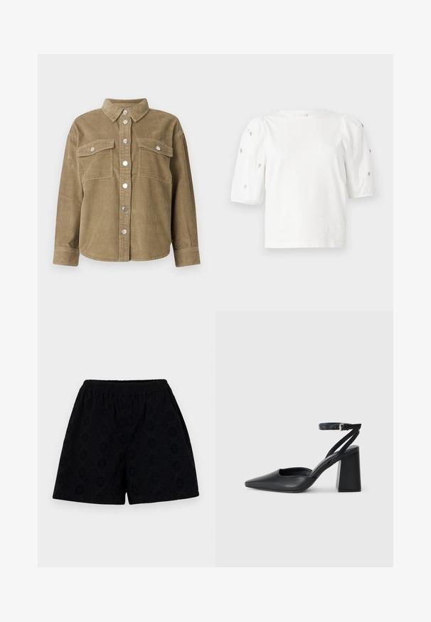 Olíva zöld kordbársony ingdzseki klasszikus gallérral, elől gombos záródással, két mellzsebbel és fémből készült gombokkal. Texturált anyag.; Fehér pamut póló rövid puffos ujjakkal, a ujjain kicsi ezüst díszítések találhatók. Klasszikus kerek nyakú, laza fazonú.; Fekete pamut rövidnadrág, rugalmas derékkal, virágos szemlélő mintával és laza fazonnal, az anyag lágy és könnyű hatású.; Fekete bőr, hegyes orrú magassarkú cipő boka pánttal és vastag sarokkal. Sima textúra, elegáns dizájn és minimális esztétika.